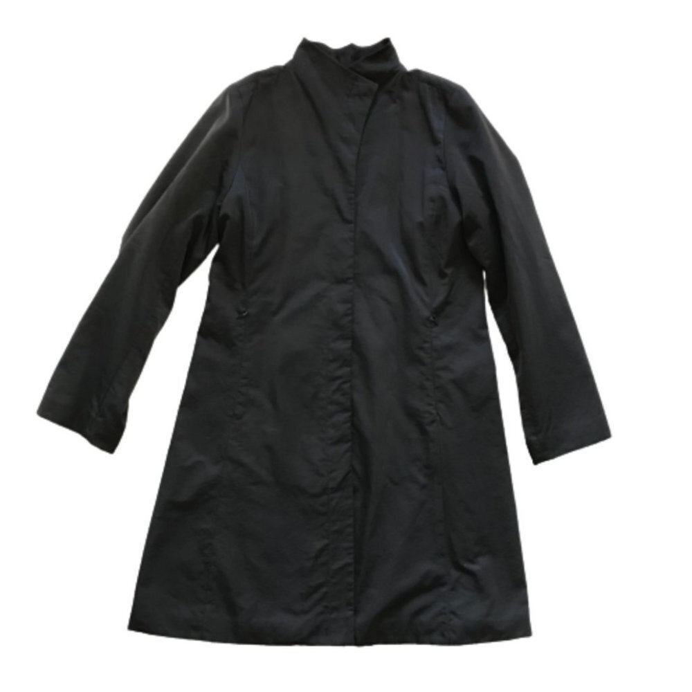 Eileen Fisher Snap Button Jacket Coat Womens XS Black Stand Collar Long Sleeve